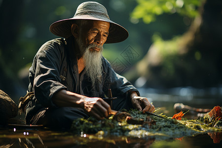 老年的亚洲渔民在劳作图片
