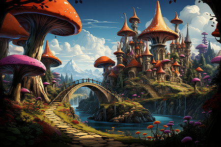 奇幻的蘑菇城堡王国背景图片