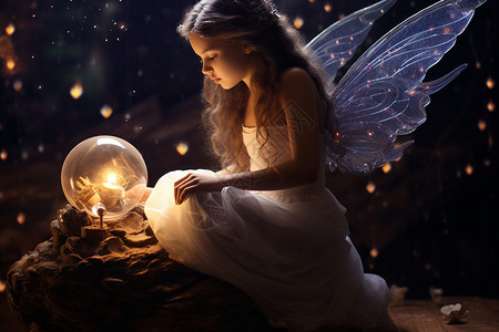 魔法水晶球黑暗森林里长翅膀的仙女背景
