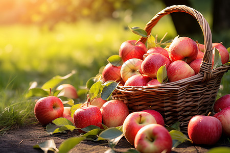 篮子里饭团子草地上篮子里的苹果背景