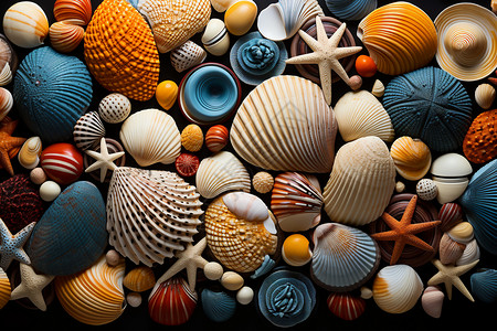 五彩欧美风花纹海滩上五彩斑斓的贝壳与海星背景