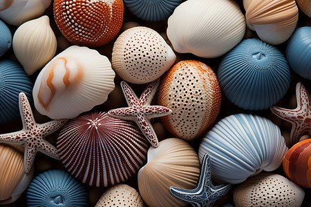 海滩上色彩缤纷的贝壳与海星背景图片