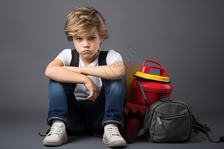 不开心的小男孩背着书包坐在地上高清图片