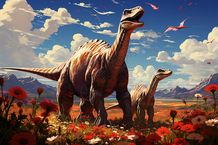 在草地上漫步的长颈恐龙高清图片