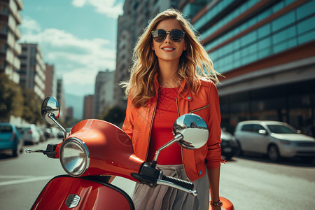 城市金发女郎骑摩托车的靓丽美女背景