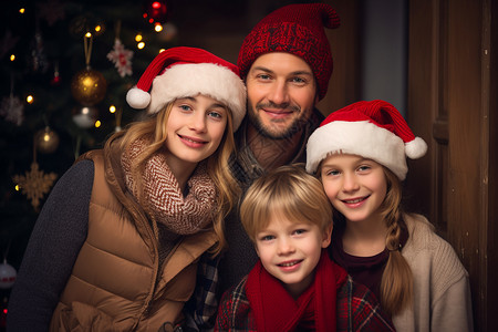 过圣诞节的一家人一家人过圣诞树背景