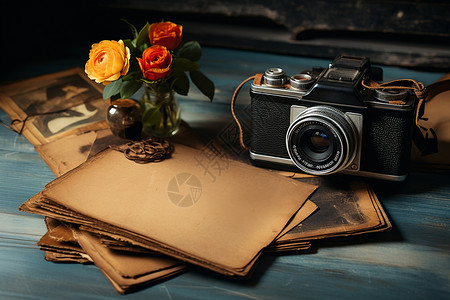 旅行箱和照相机古董照相机和相片背景