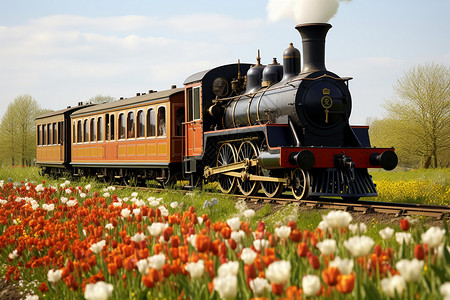历史铁路火车穿越花草丛生的田园背景