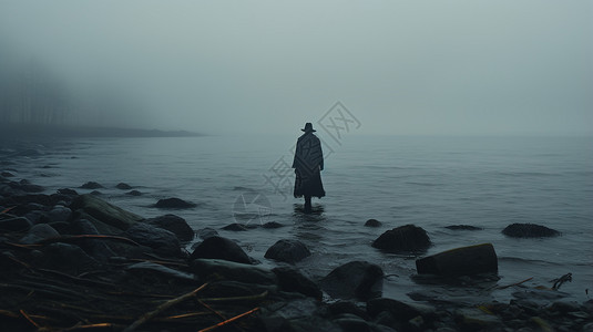 神秘的男人站在海边图片