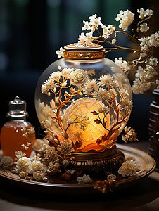 蜂蜜包装盒月饼与灯光的艺术背景