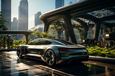 奥迪跑车未来城市中的电动汽车和充电站背景