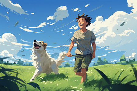 草地上散步的男孩和狗背景图片