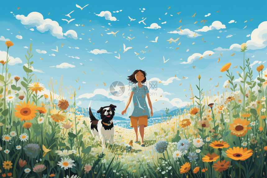 女孩和狗漫步草原图片