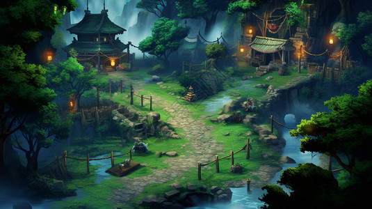 游戏里的溪流村舍图片