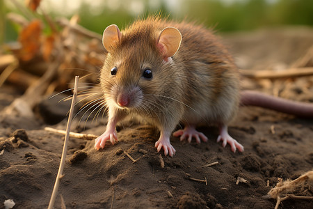 小鼠在泥土上静坐图片