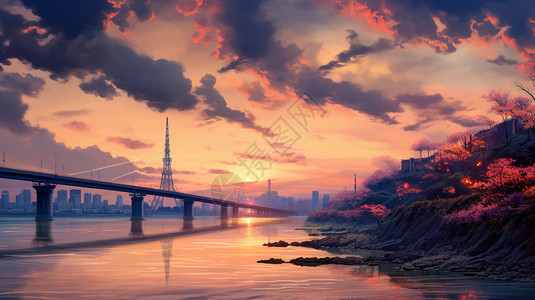 长江五桥夕阳下的跨江大桥插画