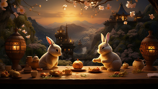 月饼木质盘子桌子上两只兔子吃月饼插画