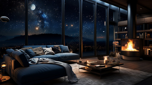 蓝色渐变星星超大落地玻璃窗客厅背景