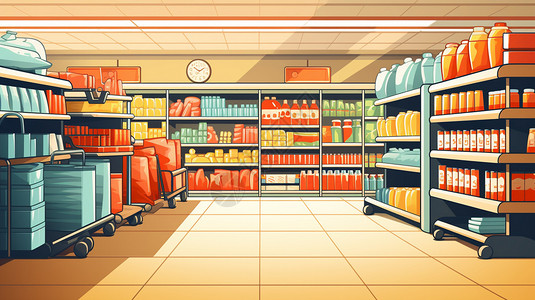 超市内部品类繁多的超市货架插画