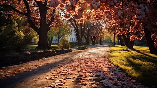 树荫路公园里铺满落叶的砖路背景