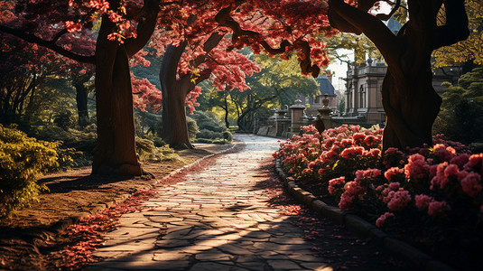 草坪砖树荫下的道路背景