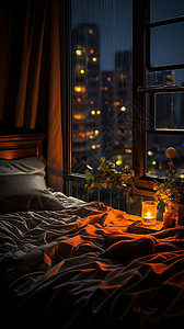 窗外的雨滴床头的小夜灯背景