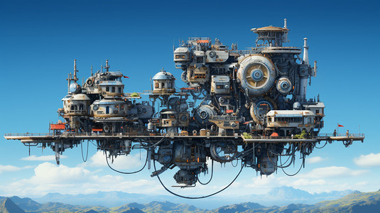 云海中的机械城堡背景图片