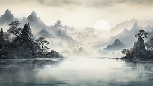 薄雾中的山水背景图片