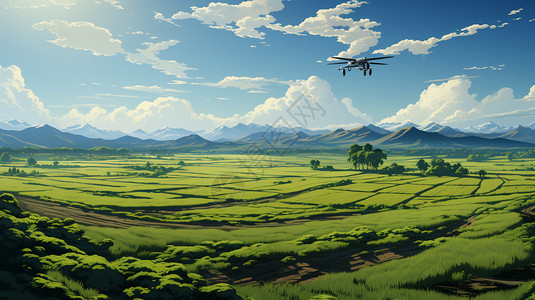 农科技麦田上撒药的无人机插画