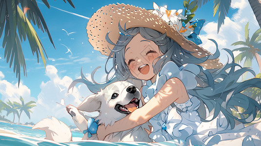 女孩在海滩上抱着小狗高清图片