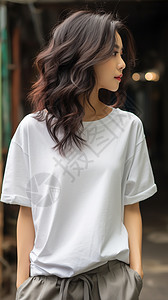 一个女孩穿着宽松的白色t恤图片