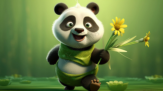 熊猫拿着花在奔跑背景图片