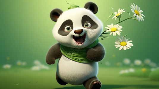 拿着花的熊猫在奔跑图片
