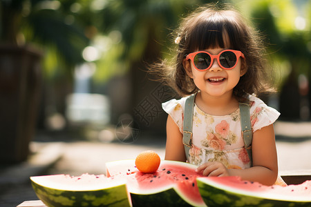 夏季吃西瓜的女孩背景图片