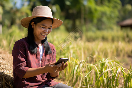 看书的农民女农民与手机背景