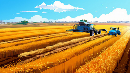 卡通麦浪麦田里收割小麦的机器插画