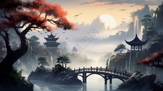 大山里的木桥背景图片
