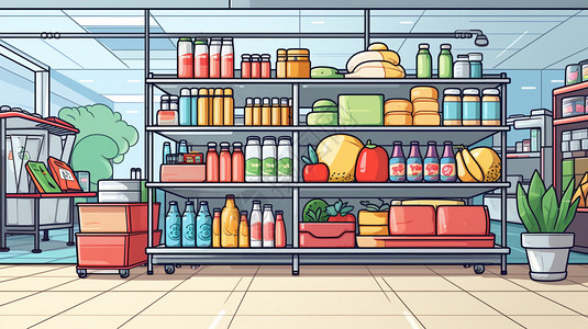 超市商品陈列整齐的超市货架插画