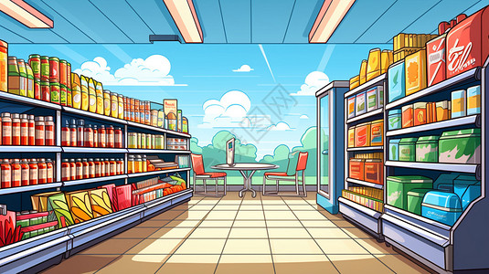 超市内部超市的货架插画