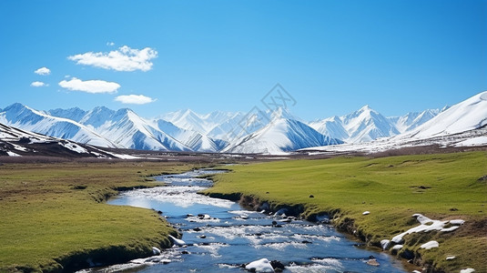 春天小河小河流淌过草原背景