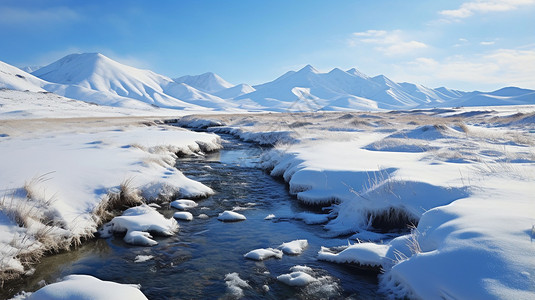 积雪草原上的河流图片