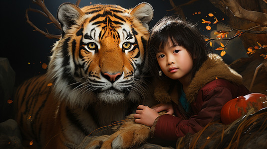 一只老虎和一个孩子图片