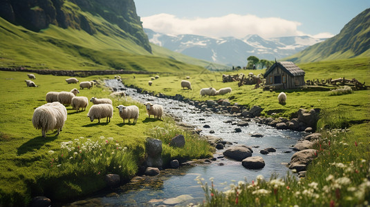 羊群在草原河边图片