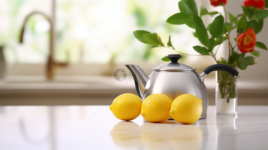 柠檬和水壶放在桌子上图片