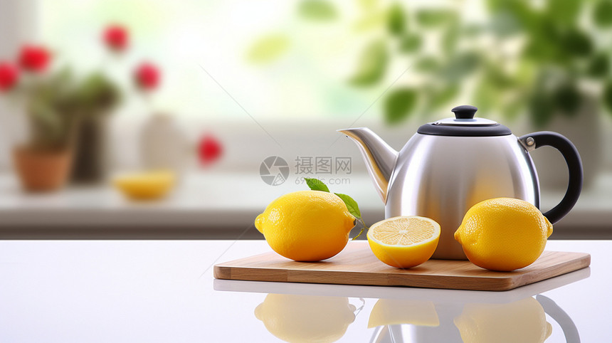 桌子上的柠檬和水壶图片