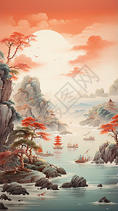 中国海岸线美丽的中国山水插画