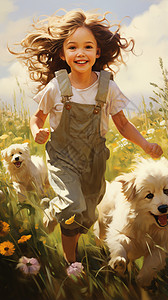 小女孩喝够奔跑在野花丛中高清图片