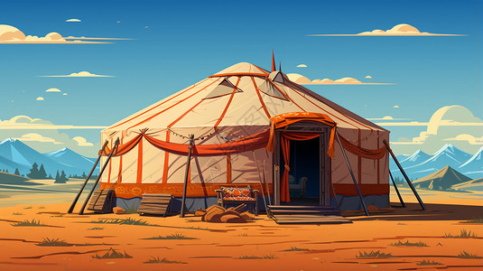 草原牧民蓝天下的蒙古包插画