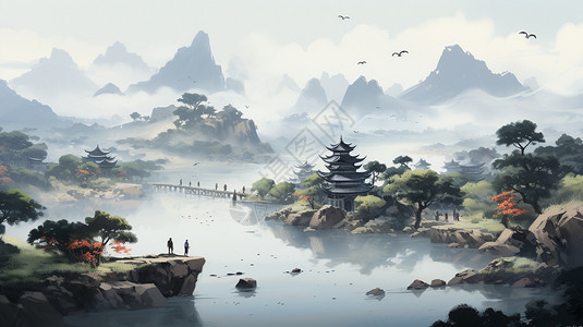 中国游客美丽的山水风景插画