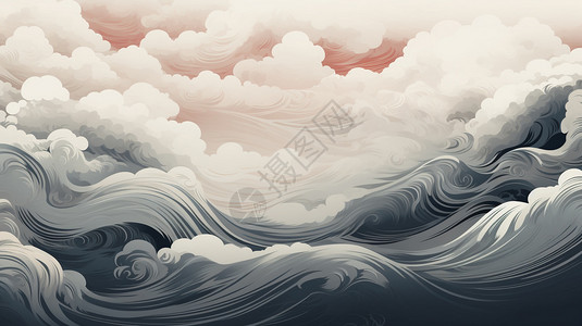 水墨祥云汹涌的海浪插画